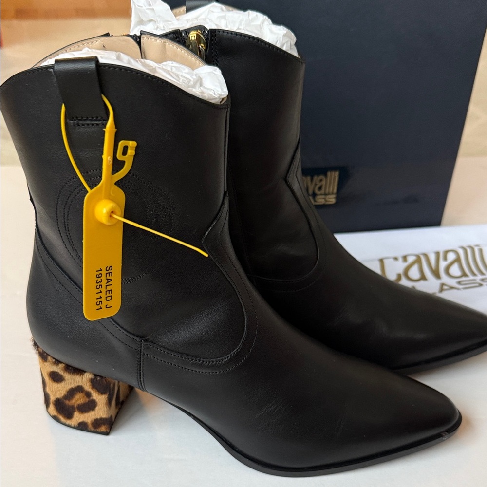 Cavalli Class Black Boots with Leopard Print Heel